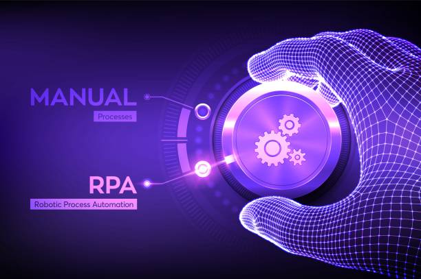 RPA Robotic process automation innovation technology concept. Wireframe hand turning a knob and selecting RPA mode. Intelligent system automation. AI. Artificial intelligence. Vector illustration